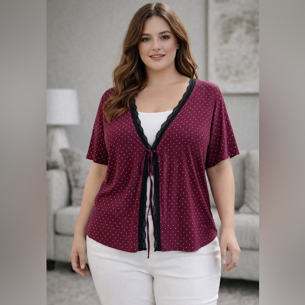 Urban Episode Women’s Polka Dot Sheer Mesh Lace Trim Tie Front Blouse Size 1X